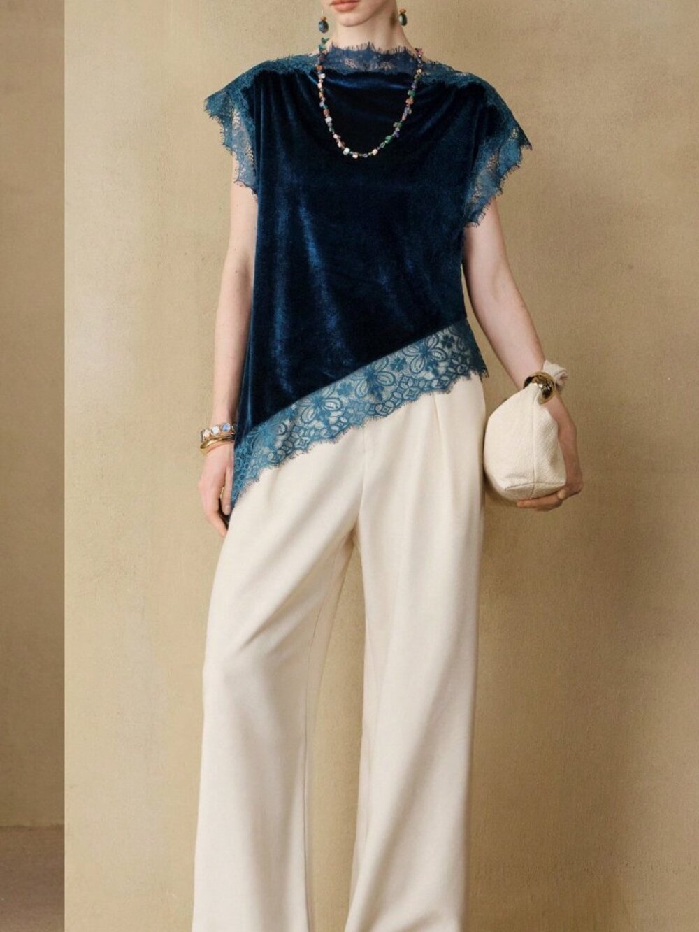 Blue Elegant Women's Plants Batwing Stand Collar Loose Asymmetrical Unlined Top